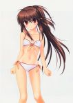  1girl absurdres ahoge bangs bell bikini blush breasts brown_hair collarbone eyebrows_visible_through_hair floating_hair grey_background groin hair_bell hair_between_eyes hair_ornament highres little_busters!! long_hair looking_at_viewer na-ga natsume_rin navel parted_lips red_eyes shiny shiny_hair side-tie_bikini simple_background small_breasts solo standing swimsuit under_boob very_long_hair white_bikini 