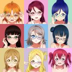  6+girls adjusting_eyewear ahoge bare_shoulders black_hair blonde_hair braid brown_hair closed_mouth collarbone eyebrows_visible_through_hair finger_to_face finger_to_mouth glasses grey_hair hair_bun hair_ornament hair_rings highres horn-rim_eyewear interlocked_fingers long_hair looking_at_viewer love_live! love_live!_school_idol_project love_live!_sunshine!! mole mole_under_mouth montage multiple_girls nail_polish open_mouth orange_hair red_eyes redhead short_hair simple_background teeth twintails user_pdnh4575 yellow_eyes 