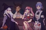  1boy 3girls antlers armband artist_name blood blue_hair braid brown_hair candy claude_von_riegan closed_mouth crown_braid dark_skin dark_skinned_male earrings fire_emblem fire_emblem:_three_houses food green_eyes halloween_basket halloween_costume hat highres hilda_valentine_goneril holding holding_wand jewelry long_hair long_sleeves lysithea_von_ordelia marianne_von_edmund multicolored_hair multiple_girls nurse_cap open_mouth pink_eyes pink_hair rubi_arts short_hair sitting stitches twintails wand white_hair witch_hat 