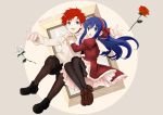  1boy 1girl black_legwear blue_eyes blue_hair dress fire_emblem fire_emblem:_the_binding_blade flower lilina_(fire_emblem) long_hair long_sleeves open_mouth pantyhose red_dress redhead roy_(fire_emblem) shoes shoochiku_bai short_hair shorts twitter_username younger 