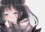  1girl absurdres bangs black_hair blue_eyes blurry blush commentary_request depth_of_field enpera grey_background highres ichijiku_(user_yhjw8354) light_particles long_hair looking_at_viewer original plaid portrait sad scarf smile solo tearing_up tears 