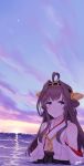  1girl absurdres ahoge alakoala brown_hair clouds commentary_request dawn detached_sleeves double_bun gradient_sky grey_sky hairband headgear highres kantai_collection kongou_(kantai_collection) long_hair looking_at_viewer ocean partially_submerged ribbon-trimmed_sleeves ribbon_trim scenery sky smile solo star_(sky) water waves 