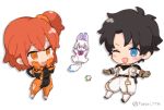  1boy 1girl belt black_hair blue_eyes blush_stickers captain_chaldea chibi drop_shadow fate/grand_order fate_(series) fou_(fate/grand_order) fujimaru_ritsuka_(female) fujimaru_ritsuka_(male) hands_on_own_face one_side_up orange_eyes orange_hair puffy_pants saint_quartz simple_background torori_(ttr) twitter_username white_background 