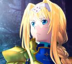  alice_schuberg artist_request blonde_hair blue_cape blue_eyes braided_ponytail cape floating_hair gold_armor hairband highres long_hair shoulder_armor sword_art_online sword_art_online_alicization white_hairband 