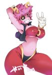  1girl ashido_mina black_sclera boku_no_hero_academia breasts eyebrows_visible_through_hair gloves grin highres horns hot_vr large_breasts looking_at_viewer pink_hair pink_skin short_hair simple_background smile solo v white_background white_gloves yellow_eyes 