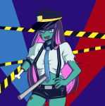  belt caution_tape colorful hand_on_hip hat highres kstnt nail_polish necktie panty_&amp;_stocking_with_garterbelt pink_hair police police_uniform purple_hair short_shorts shorts stocking_(psg) stomach suspenders thighs torn_clothes uniform zombie 