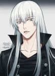  1boy 954740837 black_coat buttons character_name collar collarbone collared_coat grey_background grey_eyes high_collar katekyo_hitman_reborn long_hair looking_at_viewer male_focus open_mouth silver_hair simple_background solo superbi_squalo upper_body 