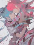  2017 2girls aqua_hair argyle_sleeves arms_around_back arms_around_neck bell black_ribbon blue_eyes buttons carrying collar commentary dress edakai flower forehead-to-forehead frilled_collar frills green_eyes hair_ribbon hatsune_miku highres holding holding_flower jacket lipstick long_hair looking_at_another makeup megurine_luka multiple_girls open_mouth pink_hair puffy_sleeves ribbon rose short_sleeves smile straight_hair twintails valentine very_long_hair vocaloid white_dress yuri 