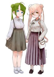  2girls ahoge alternate_costume alternate_hairstyle bag bangs blunt_bangs blush breasts buttons closed_mouth double_bun full_body glasses green_hair handbag holding_hands kantai_collection long_hair long_skirt long_sleeves makigumo_(kantai_collection) mole mole_under_mouth multiple_girls pink_hair pleated_skirt sidelocks simple_background skirt smile socks someno_haru standing suspender_skirt suspenders twintails twitter_username underwear white_background white_legwear yuugumo_(kantai_collection) 