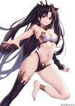  1girl anklet armlet asymmetrical_legwear asymmetrical_sleeves bangs barefoot bikini black_bikini_bottom black_bow black_hair bow breasts closed_mouth detached_collar detached_sleeves earrings fate/grand_order fate_(series) hair_bow highleg highleg_bikini hoop_earrings ishtar_(fate/grand_order) jewelry long_hair looking_at_viewer navel neck_ring parted_bangs red_eyes sakanasoko simple_background single_detached_sleeve single_thighhigh smile solo swimsuit thigh-highs tiara two_side_up white_background white_bikini_top 