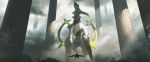  absurdres arceus asteroid_ill blurry clouds feathers flygon gen_3_pokemon gen_4_pokemon highres legendary_pokemon light light_rays looking_down pillar pokemon pokemon_(creature) pokemon_trainer red_eyes shaded_face shadow size_difference sunbeam sunlight wings 
