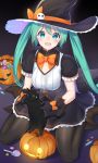  1girl aqua_eyes aqua_hair bibboss39 black_cat black_dress black_legwear blush bow bowtie breasts candy cat commentary dress food framed_breasts frilled_skirt frilled_sleeves frills halloween hat hat_bow hatsune_miku highres holding holding_cat jack-o&#039;-lantern lollipop long_hair looking_at_viewer medium_breasts open_mouth orange_neckwear pantyhose short_sleeves sitting skirt skull smile standing twintails very_long_hair vocaloid wariza witch_costume witch_hat 