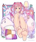  1girl :p animal_ears barefoot blush board cellphone clock cup dress drink drinking_glass drinking_straw earphones eyebrows eyebrows_visible_through_hair eyelashes feet hair_bobbles hair_ornament highres kantai_collection legs legs_together media_player off_shoulder pencil_case phone phone_with_ears pillow pink_dress pink_eyes pink_hair rabbit rabbit_ears sazanami_(kantai_collection) shinomu_(cinomoon) short_hair sitting smartphone smartphone_case soles solo spoon stuffed_animal stuffed_bunny stuffed_toy toes tongue tongue_out twintails twitter_username 