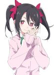  1girl black_hair cardigan eyebrows_visible_through_hair hair_between_eyes ixy long_sleeves looking_at_viewer love_live! love_live!_school_idol_project pink_cardigan red_eyes short_hair simple_background solo twintails upper_body white_background yazawa_nico 