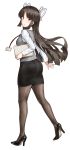  1girl :o absurdres alternate_costume ass back black_footwear black_hair breasts brown_eyes brown_legwear collared_shirt eyebrows_visible_through_hair formal full_body grey_vest hair_ribbon high_heels highres hime_cut hiyou_(kantai_collection) id_card kantai_collection long_hair long_sleeves looking_at_viewer looking_back medium_breasts minase_(takaoka_nanase) office_lady pantyhose papers pencil_skirt ribbon shirt skirt skirt_suit solo suit vest white_ribbon white_shirt 