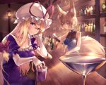  2girls alternate_eye_color amano_hagoromo animal_ear_fluff animal_ears bangs bar bare_arms bare_shoulders blonde_hair blue_dress blue_hair bottle bow breasts collarbone commentary_request counter cup dress drinking_glass elbow_gloves fox_ears fox_tail frills gloves hair_between_eyes hair_bow hand_up hat hat_ribbon head_tilt holding holding_bottle indoors lantern liquor long_hair looking_at_viewer medium_breasts mob_cap multiple_girls no_hat no_headwear pouring puffy_short_sleeves puffy_sleeves purple_dress red_bow red_ribbon ribbon short_sleeves sleeveless sleeveless_dress smile sparkle tail touhou violet_eyes white_gloves white_headwear wine_glass yakumo_ran yakumo_yukari 