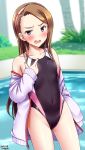  1girl artist_name bangs black_swimsuit brown_eyes brown_hair collarbone commentary_request competition_swimsuit covered_navel cowboy_shot dated flat_chest hairband highres idolmaster idolmaster_(classic) idolmaster_2 jacket long_hair looking_at_viewer minase_iori one-piece_swimsuit open_mouth outdoors pool solo swept_bangs swimsuit tsuchimiya white_jacket 