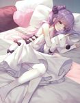  1girl azur_lane bangs bed black_bow black_ribbon blush bow detached_sleeves dress eyebrows_visible_through_hair hair_bun hair_ribbon halterneck hands_up heart heart_pillow highres long_hair long_sleeves lying myung no_shoes object_hug on_side one_side_up parted_lips pillow purple_hair ribbon side_bun sidelocks sleeves_past_wrists solo stuffed_alicorn stuffed_animal stuffed_toy thigh-highs unicorn_(azur_lane) very_long_hair violet_eyes white_dress white_legwear white_sleeves 