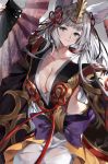  1girl animal_ears backless_outfit bell blue_eyes erune fan folding_fan fox_ears fox_tail granblue_fantasy hair_bell hair_ornament highres hinahino long_hair sideless_outfit silver_hair socie_(granblue_fantasy) tail very_long_hair 