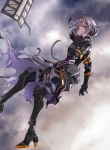  1girl absurdres armor black_gloves closed_mouth clouds cloudy_sky eyebrows_visible_through_hair falling gloves highres mechanical mechanical_arm original outdoors pauldrons red_eyes shiba42505719 short_hair silver_hair sky solo torn_clothes 
