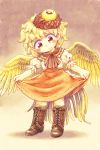 1girl angel_wings bird blush boots brown_footwear capelet chibi chick commentary_request cross-laced_footwear dress eyebrows_visible_through_hair eyeshadow feathered_wings gradient gradient_background hakuyou_(_hakuyou) highres knee_boots lace-up_boots looking_down makeup niwatari_kutaka orange_dress puffy_sleeves short_hair short_sleeves skirt_hold smile solo standing touhou wings 