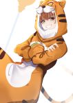  1girl animal_costume animal_print bangs brown_eyes brown_hair commentary_request eyebrows_visible_through_hair fate_(series) grin hair_between_eyes highres jaguarman_(fate/grand_order) looking_at_viewer simple_background smile tapioka_(oekakitapioka) tiger_costume tiger_print white_background 