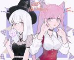  2girls animal_ears cat_ears closed_mouth collar fire_emblem fire_emblem:_three_houses halloween_costume happy_halloween hat highres hilda_valentine_goneril long_hair long_sleeves lysithea_von_ordelia multiple_girls nail_polish open_mouth pink_eyes pink_hair twintails upper_body white_hair witch_hat yuyumaru 