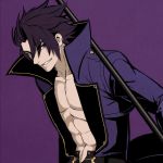  1boy abs bangs bare_chest black_hair gordeau hair_over_one_eye highres holding holding_weapon jacket looking_at_viewer open_clothes open_jacket purple_coat purple_jacket scythe shirtless simple_background solo spiky_hair tb_(spr1110) under_night_in-birth violet_eyes weapon 