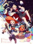  1boy 1girl bag bat black_nails blonde_hair bow broom broom_riding candle candy cape cat claw_pose commentary crescent_moon cupcake eyeball fajyobore323 fang food frilled_sleeves frills full_body ghost halloween happy_halloween hat hat_bow holding holding_broom holding_hat jack-o&#039;-lantern kagamine_len kagamine_rin lantern light_blush lollipop long_sleeves looking_at_viewer making-of_available mansion mary_janes moon nail_polish night night_sky open_mouth red_neckwear shirt shoes short_hair short_ponytail short_sleeves shorts shoulder_bag siblings skirt sky socks spiky_hair star star_(sky) star_in_eye starry_sky symbol_in_eye thigh-highs twins vampire_costume vest vocaloid white_shirt white_skirt witch_costume witch_hat 