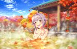  autumn blush brown_eyes idolmaster_cinderella_girls_starlight_stage koshimizu_sachiko onsen purple_hair short_hair smile towel 