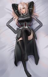  1girl angelise_reiter armor armored_dress black_dress black_legwear blue_eyes borrowed_character breasts commentary commission commissioner_upload corset crest dakimakura dress english_commentary final_fantasy final_fantasy_xiv gorget hair_over_one_eye hands_in_hair head_tilt highres hyur large_breasts lips long_hair lying no_shoes nose on_back silver_hair solo thigh-highs x-kulon 