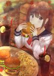  1girl 7_calpis_7 :t autumn autumn_leaves bangs bench black_sailor_collar bow bowtie closed_mouth commentary cup day drink drinking_glass drinking_straw earrings eating eyebrows_visible_through_hair food food_on_face french_fries grey_eyes hair_between_eyes hamburger highres holding holding_food ice ice_cube jewelry leaf leaf_earrings long_hair long_sleeves looking_at_viewer maple_leaf on_bench original outdoors park_bench red_neckwear sailor_collar school_uniform serafuku shirt sitting solo table upper_body very_long_hair white_shirt 