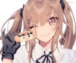  1girl black_gloves brown_eyes brown_hair closed_mouth commentary_request doughnut eyebrows_visible_through_hair food girls_frontline gloves hair_between_eyes holding long_hair looking_at_viewer moa_(21energy12) one_eye_closed simple_background solo twintails ump9_(girls_frontline) white_background 