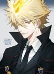  1boy 954740837 black_coat black_jacket black_neckwear blonde_hair character_name closed_mouth coat fire formal grey_background high_collar jacket jewelry katekyo_hitman_reborn looking_at_viewer male_focus necktie shirt short_hair simple_background solo striped striped_jacket suit upper_body vongola_primo white_shirt yellow_eyes 
