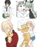  4girls anchovy black_ribbon blue_eyes braid brown_hair cape closed_eyes darjeeling dog_request drill_hair french_braid girls_und_panzer golden_retriever green_hair green_skirt kawashima_momo kay_(girls_und_panzer) long_hair lying monocle multiple_girls mutsu_(layergreen) on_side one_eye_closed ooarai_school_uniform pajamas pillow ribbon school_uniform shirt short_hair shorts skirt sleeping smile st._gloriana&#039;s_military_uniform welsh_corgi white_shirt white_tank_top 