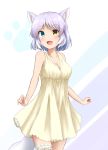  1girl :d absurdres alternate_costume animal_ear_fluff animal_ears bare_arms bare_shoulders blue_eyes breasts commentary cowboy_shot dog_(mixed_breed)_(kemono_friends) dog_ears dog_girl dog_tail dress eyebrows_visible_through_hair grey_hair heterochromia highres kemono_friends leg_garter looking_at_viewer medium_breasts multicolored_hair open_mouth shiraha_maru short_hair simple_background sleeveless sleeveless_dress smile solo tail two-tone_hair white_hair yellow_dress yellow_eyes 