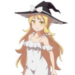  1girl alternate_costume bare_shoulders black_headwear blonde_hair bow cato_(monocatienus) collarbone commentary_request covered_navel dress grin hair_bow hat hat_bow kirisame_marisa long_hair looking_at_viewer simple_background smile solo touhou very_long_hair white_background white_bow white_dress witch_hat yellow_eyes 