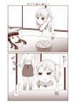  3girls adjusting_hair bangs blunt_bangs bowl closed_eyes commentary_request door food food_in_mouth fruit hair_bobbles hair_ornament hanten_(clothes) hatsuyuki_(kantai_collection) highres imitating japanese_clothes kaga_(kantai_collection) kantai_collection kotatsu long_sleeves mandarin_orange monochrome mouth_hold multiple_girls open_door partially_translated pleated_skirt rabbit sailor_collar sailor_shirt sazanami_(kantai_collection) sazanami_konami shirt side_ponytail sidelocks sitting skirt standing surprised table thigh-highs translation_request wide_sleeves 