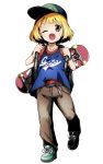  1girl backpack bag baseball_cap belt blonde_hair blue_shirt bracelet brown_eyes character_name child contemporary dr._stone ear_piercing full_body green_footwear hat highres jersey jewelry pants piercing shirt shoes short_sleeves skateboard solo suika_(dr.stone) tom_(drpow) watch watch 