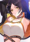  1girl armpits arms_up bangs black_hair breasts choker collarbone commentary_request crop_top dog_tags glint hayami_kanade highres idolmaster idolmaster_cinderella_girls ilo jacket jewelry large_breasts long_sleeves looking_at_viewer midriff necklace open_clothes open_jacket parted_bangs parted_lips shirt short_hair sidelocks signature simple_background sleeveless sleeveless_shirt solo upper_body white_background white_shirt yellow_eyes 