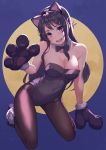  animal_ears bangs bare_shoulders black_leotard blue_eyes cat_ears cat_paws collar detached_collar fake_animal_ears fang fifty1202 gloves hair_ornament hairclip highres kneeling leotard looking_at_viewer open_mouth pantyhose paw_gloves paws sakurajima_mai seishun_buta_yarou strapless strapless_leotard white_collar 