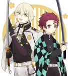  2boys belt black_gloves blonde_hair brown_eyes brown_hair crossover earrings gloves hanae_natsuki haori higekiri_(touken_ranbu) jacket_on_shoulders japanese_clothes jewelry kamado_tanjirou katana kimetsu_no_yaiba knight07 male_focus multiple_boys open_mouth seiyuu_connection smile sword touken_ranbu uniform weapon yellow_eyes 