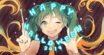  1girl 2019 aqua_eyes aqua_hair commentary green_nails halloween hands_up happy_halloween hatsune_miku long_hair looking_at_viewer nail_polish necktie one_eye_closed open_mouth orange_hair orange_neckwear smile sparkle spring_onion star striped striped_background sugata_keburu twintails upper_body very_long_hair vocaloid wand 