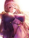  1girl bodysuit breasts covered_navel fate/grand_order fate_(series) from_below hair_intakes large_breasts long_hair looking_at_viewer looking_down parted_lips pauldrons purple_bodysuit purple_hair red_eyes scathach_(fate)_(all) scathach_(fate/grand_order) solo user_yvdw8884 