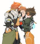  absurdres armor ass brigitte_(overwatch) brown_eyes brown_hair eye_contact gloves goggles hands_on_another&#039;s_cheeks hands_on_another&#039;s_face highres jacket korean_commentary looking_at_another maro_(lij512) open_hands open_mouth overwatch overwatch_2 ponytail power_armor short_hair simple_background smile standing tracer_(overwatch) white_background 
