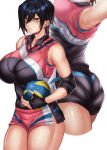  1girl armpits ass ball bangs bare_shoulders black_hair bralines breasts collared_shirt commentary_request elbow_sleeve fingerless_gloves gloves hair_between_eyes highres hikari_(komitiookami) holding holding_ball large_breasts multicolored multicolored_clothes multicolored_shirt multicolored_shorts original pantylines parted_lips shiny shiny_skin shirt short_hair short_shorts shorts sleeveless sportswear sweat thick_thighs thighs volleyball volleyball_uniform yellow_eyes 