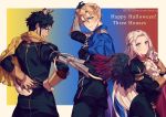  1girl 2boys animal_ears antlers black_wings blonde_hair blue_cape blue_eyes brown_hair cape claude_von_riegan copyright_name dark_skin dark_skinned_male deer_ears deer_tail dimitri_alexandre_blaiddyd edelgard_von_hresvelg feathered_wings fire_emblem fire_emblem:_three_houses from_behind garreg_mach_monastery_uniform gloves green_eyes hair_ribbon happy_halloween long_sleeves multiple_boys parted_lips red_cape ribbon short_hair simple_background twitter_username uniform violet_eyes watermark web_address white_gloves wings yanagiba_kiriko 