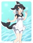  1girl :d bangs bike_shorts black_hair blue_eyes commentary commerson&#039;s_dolphin_(kemono_friends) dolphin_tail dress eyebrows_visible_through_hair feet_out_of_frame fins hand_up highres hoop jewelry kemono_friends looking_at_viewer multicolored_hair open_mouth pendant shiraha_maru short_hair sleeveless sleeveless_dress smile solo two-tone_hair waving white_hair 