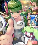  3boys 5girls apron arm_support arms_up ball beachball bikini blonde_hair blue_eyes blurry blush blush_stickers ceiling_fan chair closed_eyes clouds collarbone commentary cooking crescent_moon dark_skin depth_of_field drink e-co fingerless_gloves flower food gladio_(pokemon) gloves goggles goggles_on_head green_eyes green_hair hair_flower hair_ornament indoors joy_(pokemon) junsaa_(pokemon) kaki_(pokemon) light_particles lillie_(pokemon) long_hair looking_at_viewer looking_back mallow_(pokemon) moon morelull multiple_boys multiple_girls multiple_persona night one-piece_swimsuit open_mouth oranguru outstretched_hand oven_mitts overall_shorts overalls pink_hair poke_ball pokemon pokemon_(anime) pokemon_(game) pokemon_sm pokemon_sm_(anime) restaurant satoshi_(pokemon) sky starmie steenee suiren_(pokemon) swimsuit table tankini tree twintails waving 