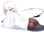  1girl :t arm_support blob blue_eyes blush highres looking_at_viewer lying on_stomach original otokuyou panties panties_under_pantyhose pantyhose short_hair solo thighband_pantyhose underwear white_background white_panties 